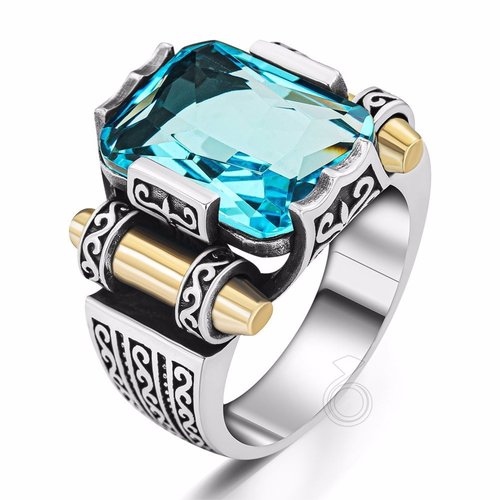 Bague chevalière homme argent massif 925 serti zircon rectangle facette bleu aquamarine