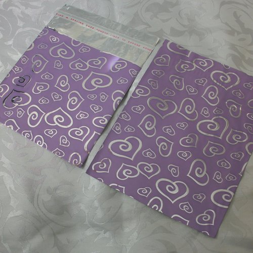 100 emballages pochettes cadeaux 10cm coeur violet argenté métallisé sachets avec rabat à ruban adhésif b67