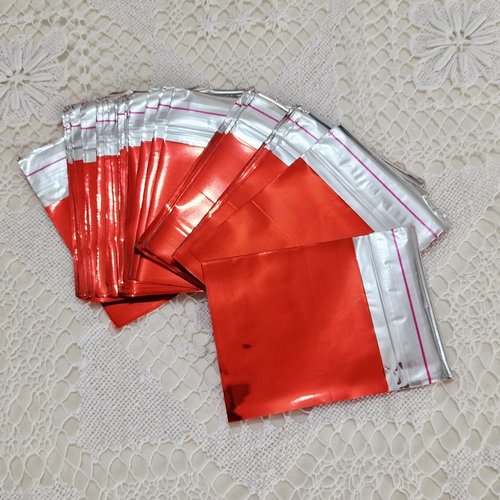 100 pochettes 6x7cm cadeaux métallisé argenté emballages rouge sachets avec rabat à ruban adhésif