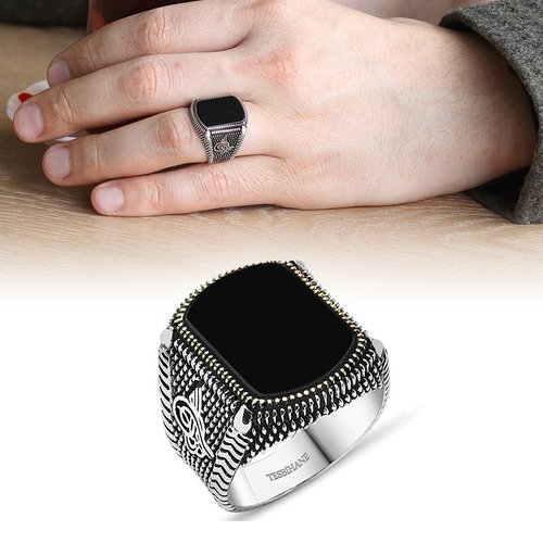 Bague argent massif 925 chevalière homme griffes serti pierre onyx noir