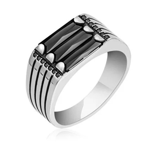Bague chevalière homme femme en argent massif 925 serti zircon noir