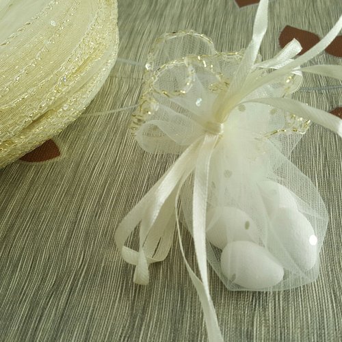 100 bourses voiles à dragées 23cm tulle jaune incrusté de paillettes imitation strass irisés brillant contours fil doré ruban satin brm