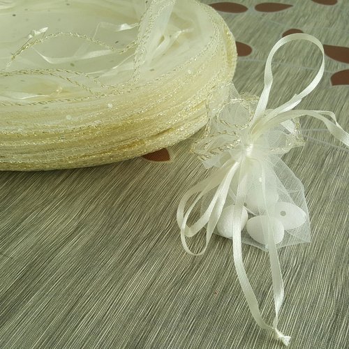 100 bourses voiles à dragées 25cm tulle beige incrusté de paillettes imitation strass irisés brillant contours fil argenté ruban satin