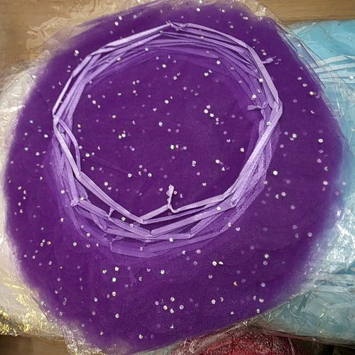 100 bourses voiles à dragées 25cm tulle violet incrusté de paillettes imitation strass irisés brillant ruban satin