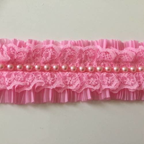 Ruban plissé de 5,5 cm en largeur avec ruban de perle cousu au milieu rose 