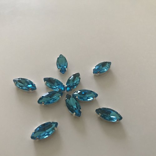Strass sertie en cristal bleu turquoise socle argent 6*12 mm
