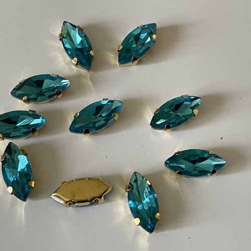 Strass sertie en cristal bleu turquoise socle doré 6*12 mm