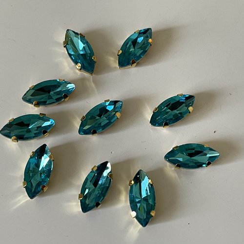 Strass sertie en cristal bleu turquoise socle argenté 7*15 mm