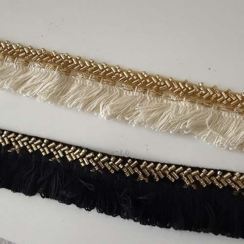 Galon franges perlées dorées noir ou écru 3 cm
