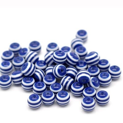 30 perles ronde rayées 6mm en acrylique. couleur bleu marine, perle rayée