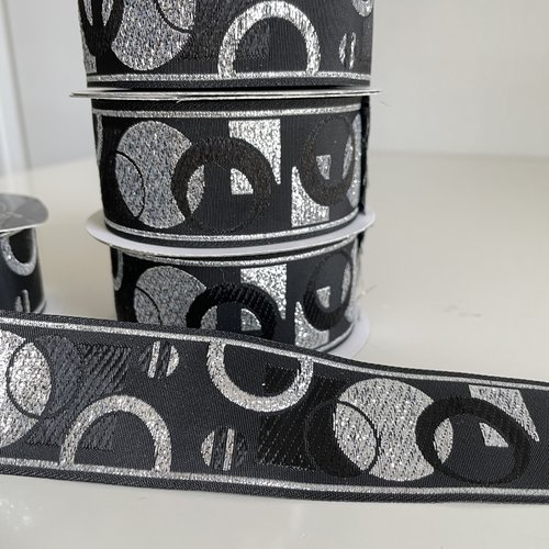 Galon jacquard motif cercle,ruban en jacquard 35 mm,ruban noir et argenté