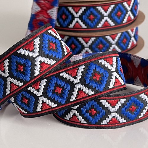 Galon motif géométrique bleu/blanc /rouge,ruban brodé jacquard motif ethnique,galon style jacquard 25 mm