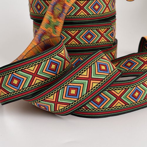 Galon brodé jacquard géométrique, ruban motif africain galon tissé 35 mm ruban multicolore
