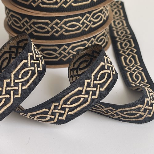 Galon médiéval motif tresse celtique noir et doré ruban tressé 20 mm galon brodé jacquard motif celtique bordure médiévale tressé
