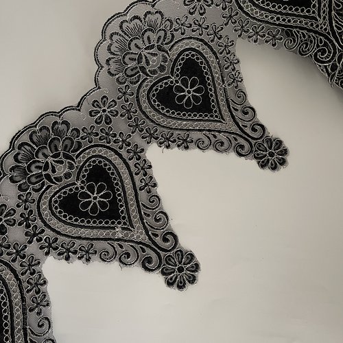 Dentelle brodée noire et argenté guipure noire avec motif en velours dentelle festonnée large