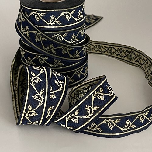 Galon brodé jacquard 22 mm galon motif tige florale ruban théâtral bordure médiévale tissé jacquard bleu marine et doré or
