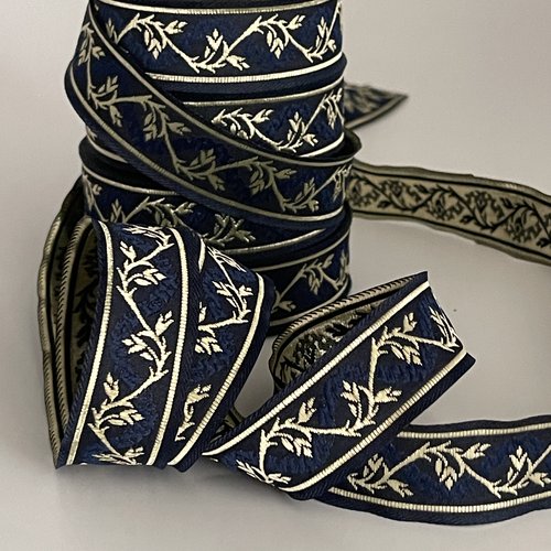 Galon brodé jacquard 22 mm galon motif tige florale ruban théâtral bordure médiévale tissé jacquard bleu marine et doré or