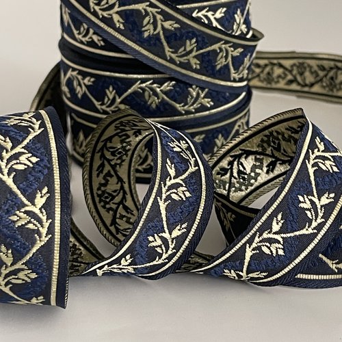 Galon brodé jacquard 22 mm galon motif tige florale ruban théâtral bordure médiévale tissé jacquard bleu marine et doré or