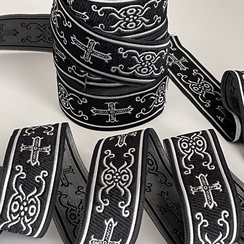 Ruban jacquard gothique 33 mm croix baroque noir et argent galon médiéval cosplay couture ruban liturgique trim gothic théât