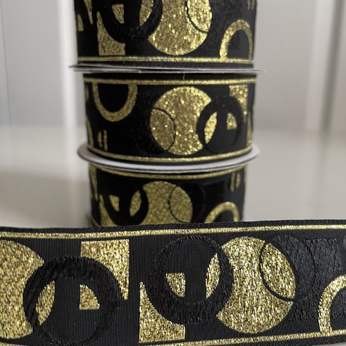 Galon médiéval, ruban en jacquard 35 mm,ruban motif cercle,galon jacquard noir doré