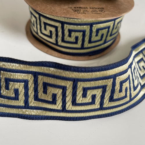 Galon médiéval,galon tissé jacquard,ruban tissé motif clé grecque,ruban 35 mm clé grecque