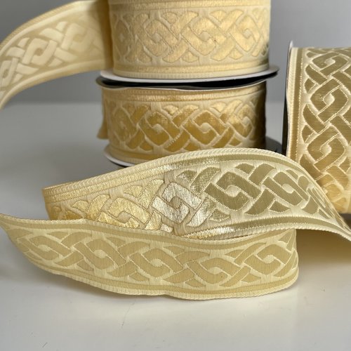 Galon médiéval brodé jacquard,galon médiéval motif tresse celtique,ruban tissé jacquard 35 mm beige,