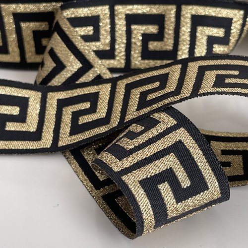 Ruban médiéval motif clé grecque, ruban 33 mm, ruban noir et doré or, galon tissé  jacquard,