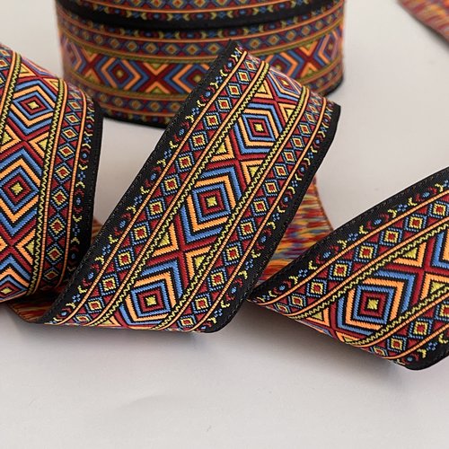Galon brodé jacquard motif géométrique ruban tissé jacquard motif ethnique bordure 35 mm style ethnique