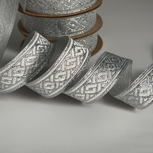 Galon médiéval tresse celtique,ruban argenté motif tressé,ruban médiéval 22 mm métallisé galon motif tresse lurex