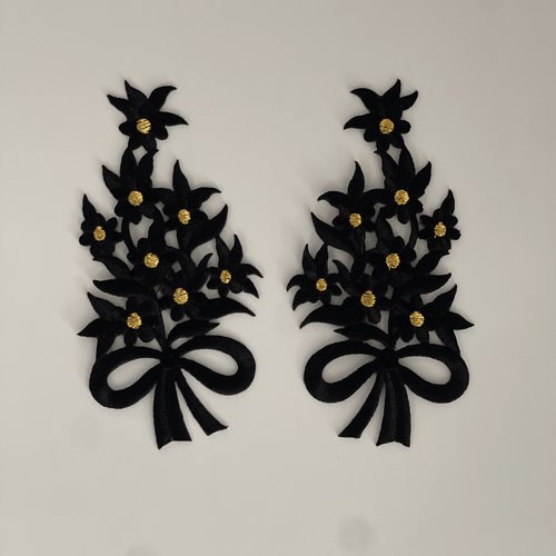 Applique thermocollante double patch à repasser 12x6 cm customisation vêtement diy couture noire et doré decoration textile