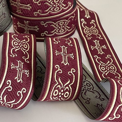 Ruban jacquard gothique 33 mm croix baroque rouge doré galon médiéval cosplay couture ruban liturgique trim gothic théât