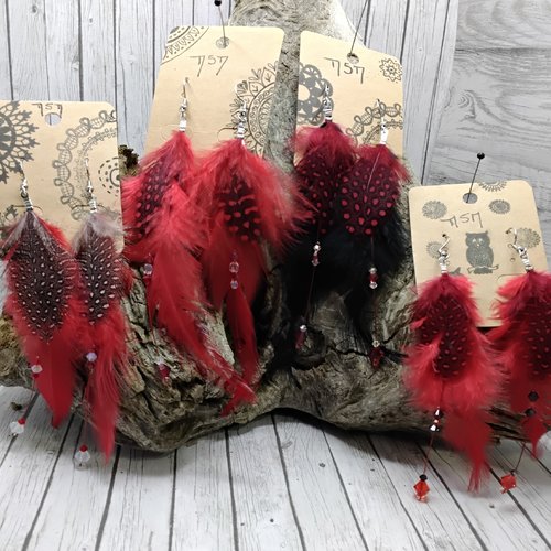 Boucle d'oreille plume tons rouge