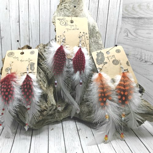 Boucle d'oreille plume tons rouge et blanc