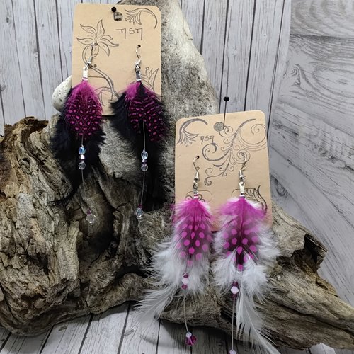 Boucle d'oreille plume tons rose et blanc