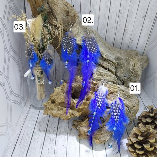 Boucle d'oreille plume tons bleu