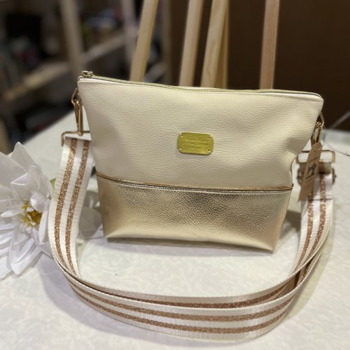 Pochette bicolore bandoulière or (brillant) / écru