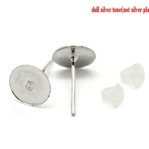 5 paires boucles d'oreilles puces rond métal argenté mat 12mm x 10mm
