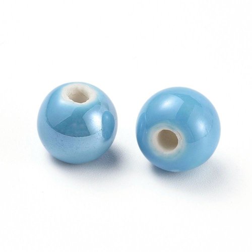 5 perles en porcelaine ronde bleu clair 14mm