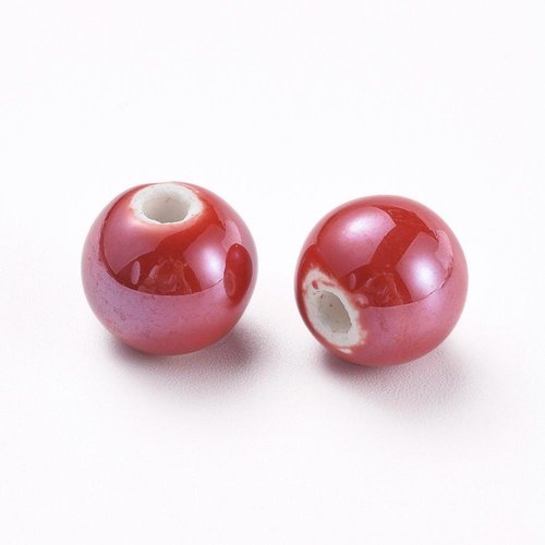 5 perles en porcelaine ronde rouge 14mm
