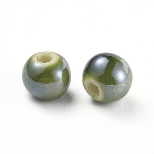 10 perles en porcelaine ronde vert 10mm