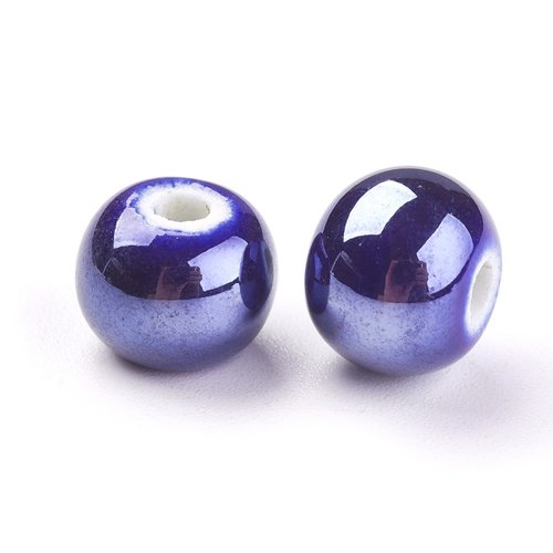10 perles en porcelaine ronde bleu foncé 10mm