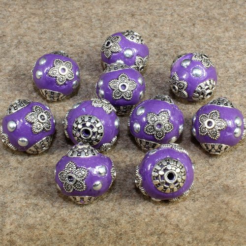X 3 perles d'indonésie ronde 15 x 14 mm trou 1-2 mm violet