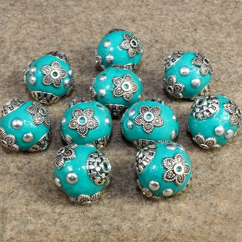 X 3 perles d'indonésie ronde 15 x 14 mm trou 1-2 mm bleu turquoise
