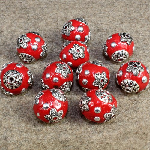 X 3 perles d'indonésie ronde 15 x 14 mm trou 1-2 mm rouge