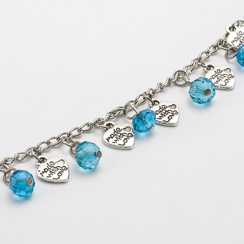 Chaine en metal argentée avec perles en verre bleu clair et breloques tibetaine (1 mètre)