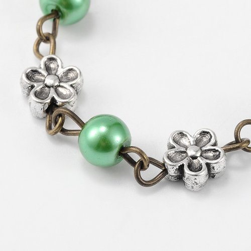 Chaine en métal bronze avec perles en verre verte et fleur métal(1m)