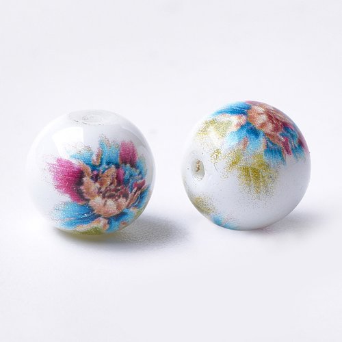 10 perles en verre ronde avec motif fleurs couleur multi couleur 10mm