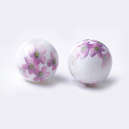 10 perles en verre ronde avec motif fleurs couleur prune 10mm