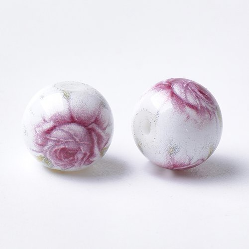 10 perles en verre ronde avec motif fleurs couleur violet 10mm