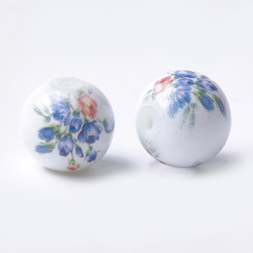 10 perles en verre ronde avec motif fleurs couleur bleu 10mm